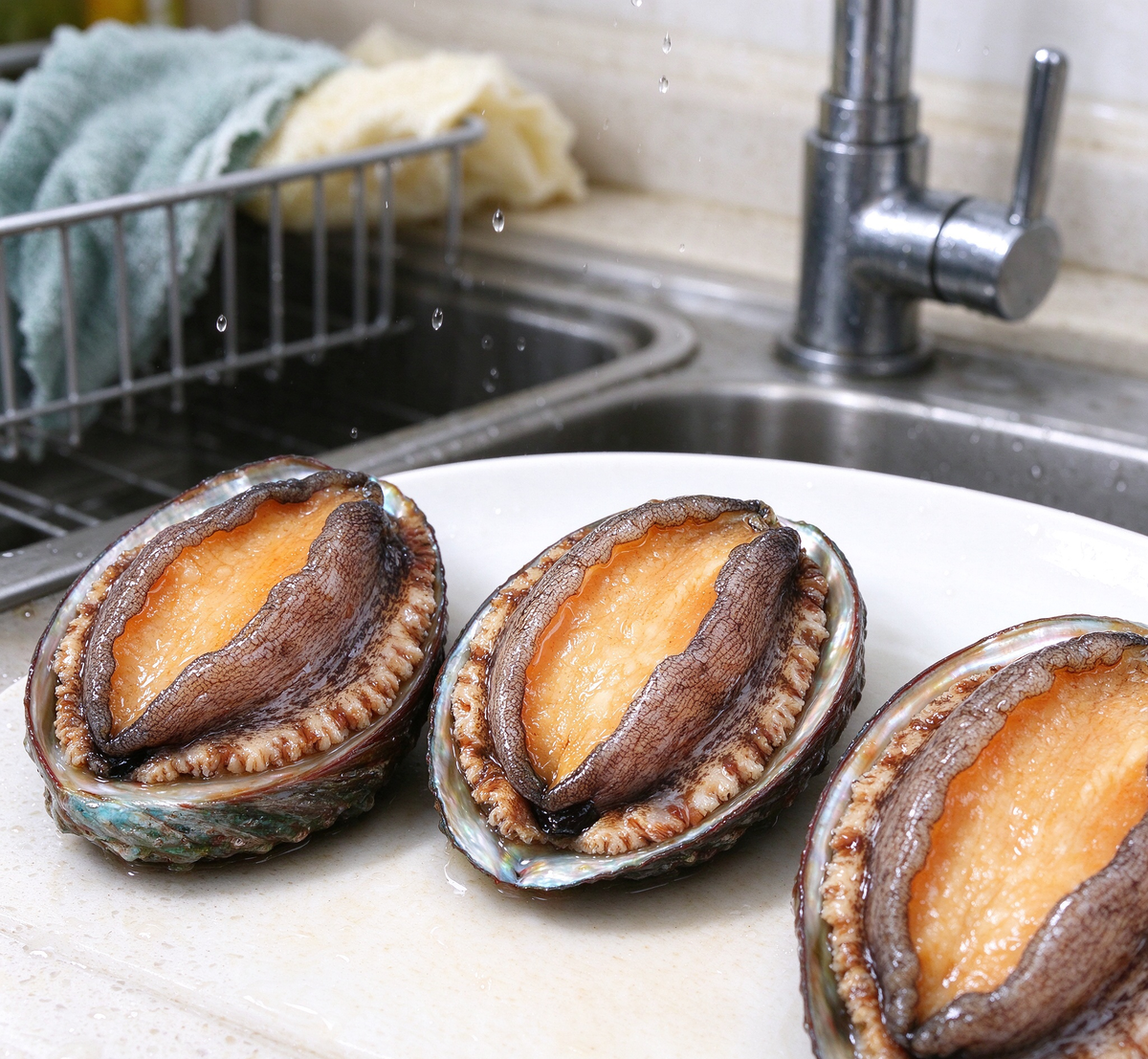 Fresh abalone with orange flesh in glossy dark shells (photo 1 of 3)