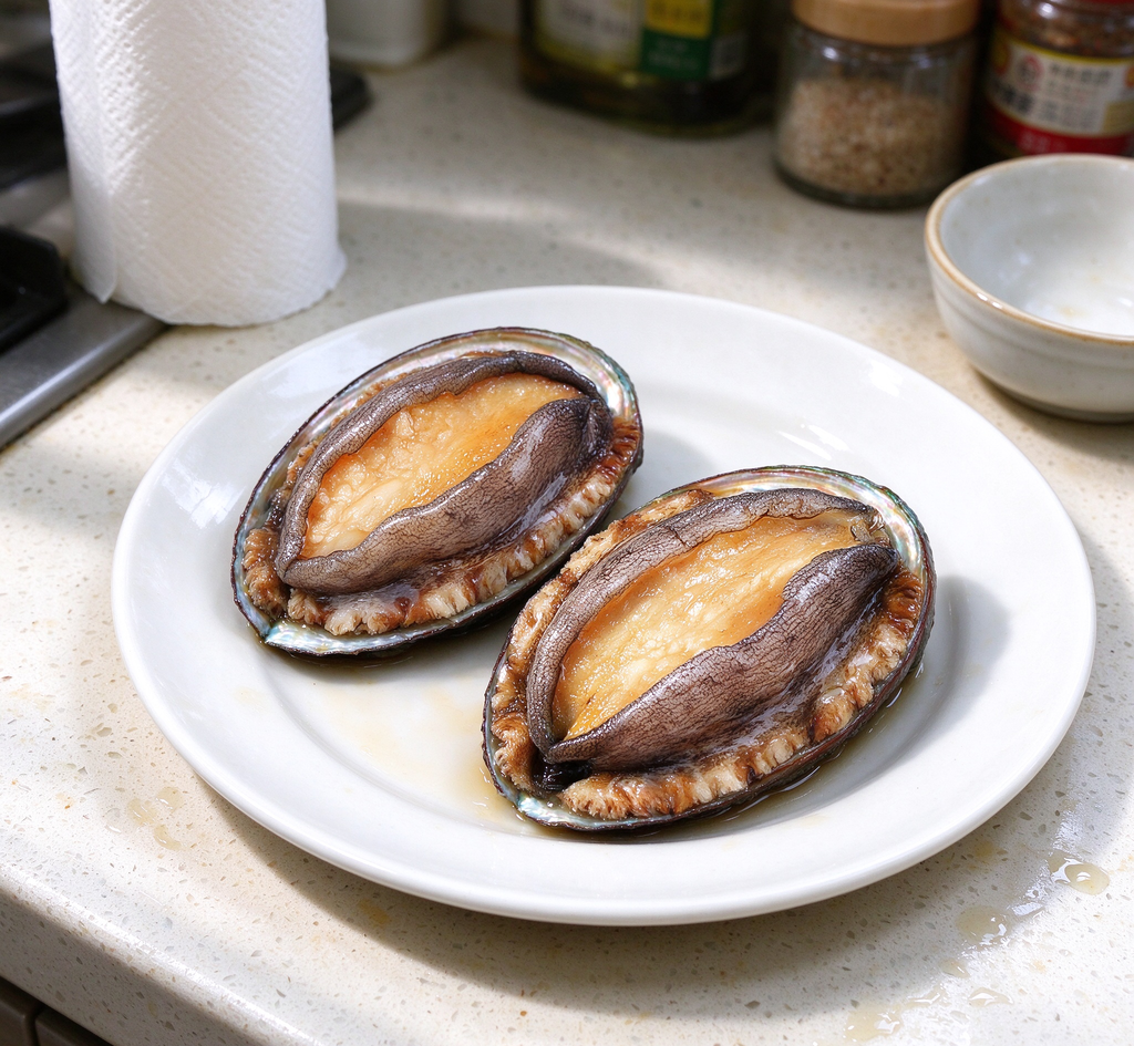Fresh abalone with orange flesh in glossy dark shells (photo 2 of 3)