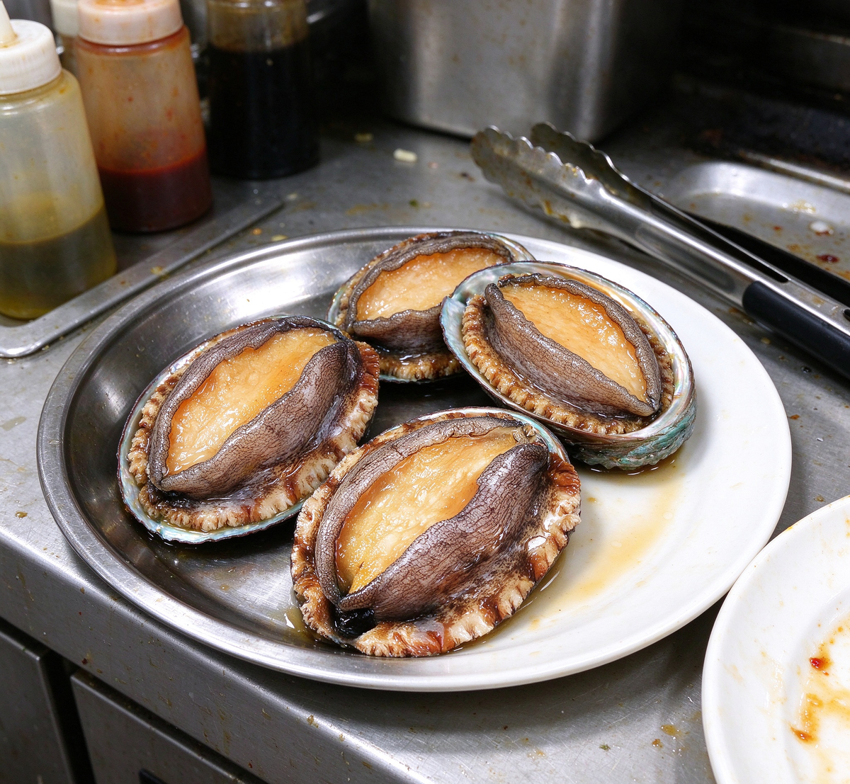 Fresh abalone with orange flesh in glossy dark shells (photo 3 of 3)