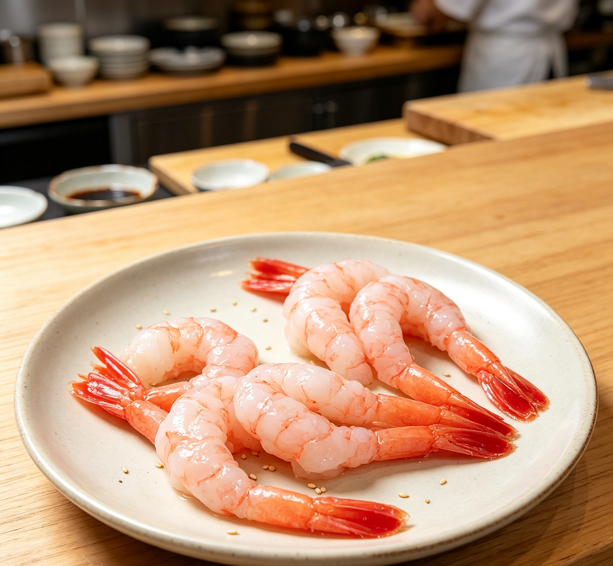 Plump pink cooked shrimp on a white plate (photo 1 of 3)