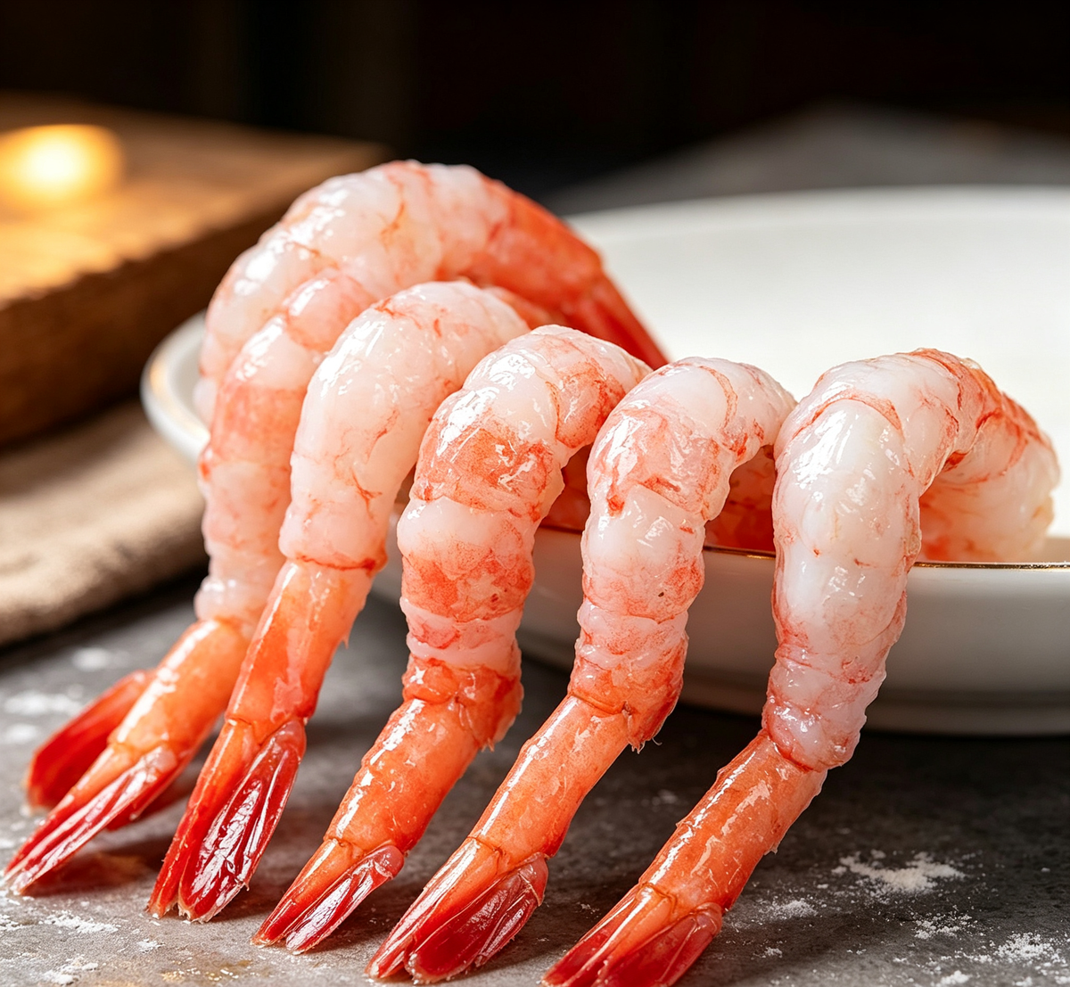 Plump pink cooked shrimp on a white plate (photo 2 of 3)