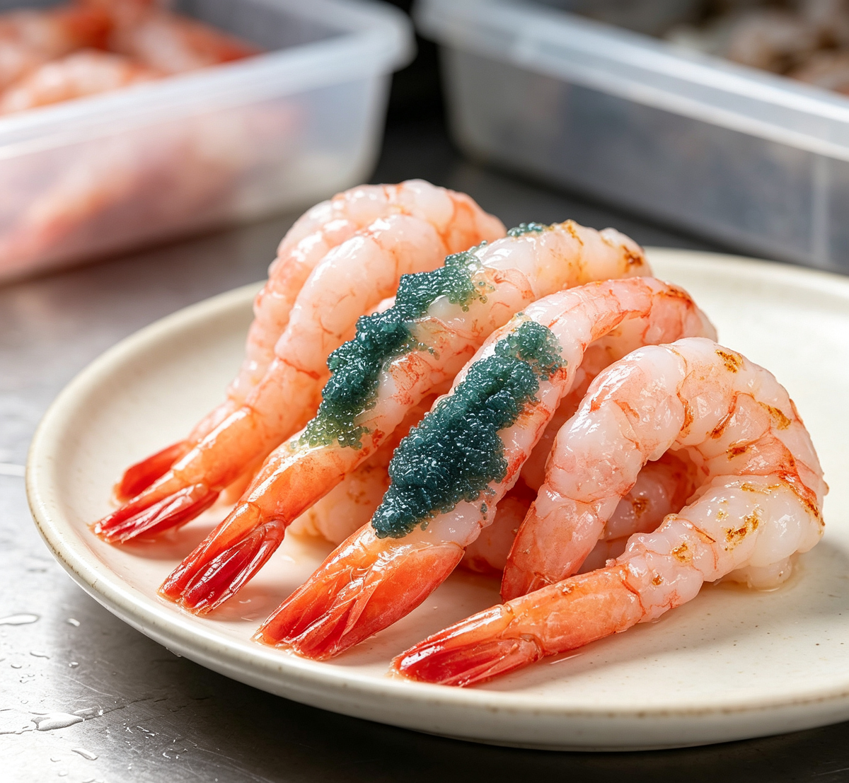 Plump pink cooked shrimp on a white plate (photo 3 of 3)
