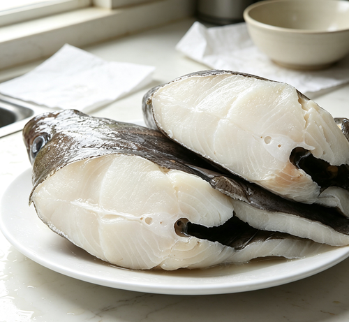Fresh white fish fillets with dark skin on a white dish (photo 2 of 3)