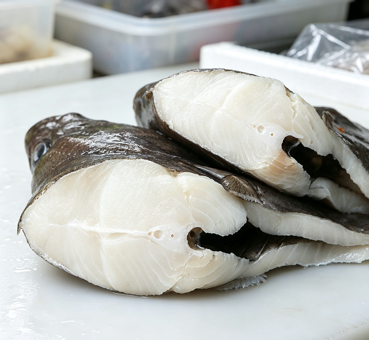 Fresh white fish fillets with dark skin on a white dish (photo 3 of 3)