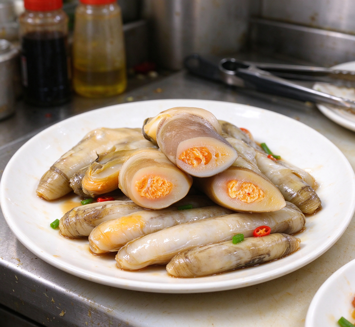 Fresh bamboo clams with orange roe garnished with spring onion and chilli (photo 1 of 3)