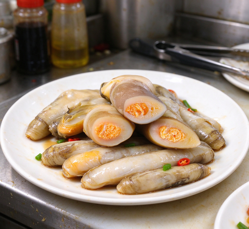 Fresh bamboo clams with orange roe garnished with spring onion and chilli (photo 1 of 3)