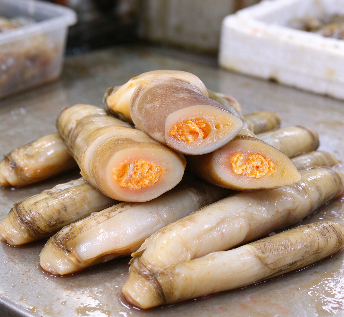 Fresh bamboo clams with orange roe garnished with spring onion and chilli (photo 2 of 3)