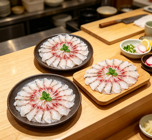 Thinly sliced sashimi-grade fish arranged on a platter (photo 2 of 3)