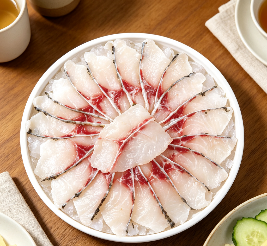 Thinly sliced sashimi-grade fish arranged on a platter (photo 3 of 3)