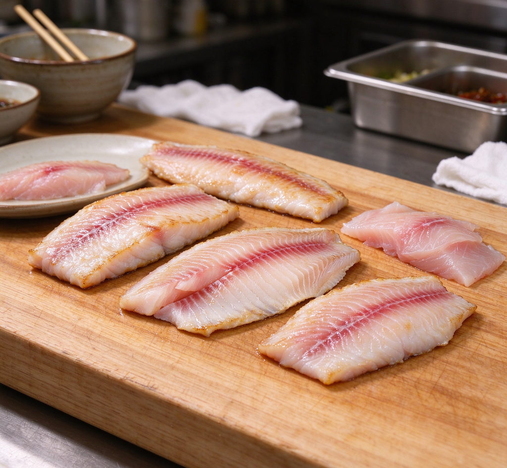 Uniform white fish fillets with pinkish-red streaks (photo 2 of 3)
